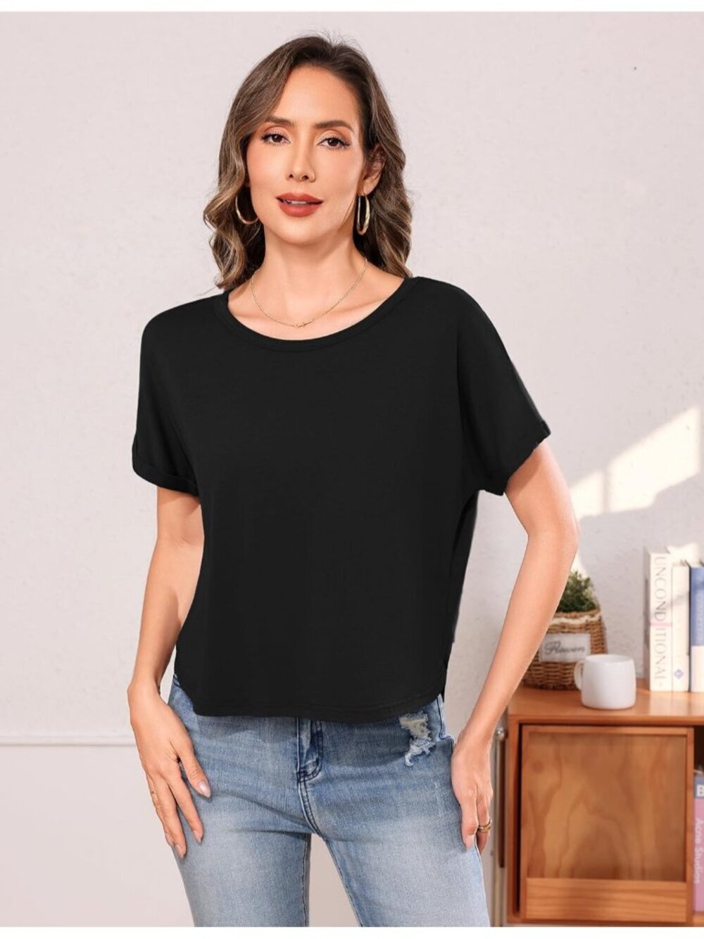 〽️Women's Black Roll Short Sleeve Crewneck Loose Fit Boxy Pull On Crop Tops - Picture 3 of 5